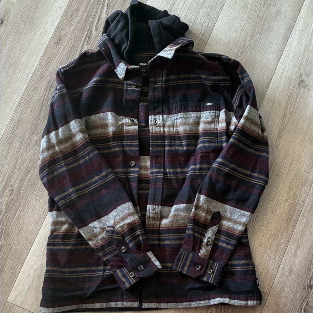 Vans boys Striped Hooded Flannel Jacket - Black & Burgundy